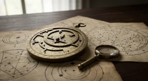 A brass astrolabe and a small magnifying glass rest on a dark wooden table covered with parchment featuring
