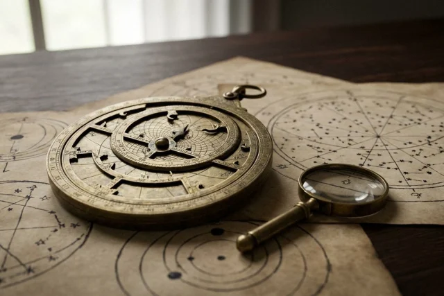 A brass astrolabe and a small magnifying glass rest on a dark wooden table covered with parchment featuring