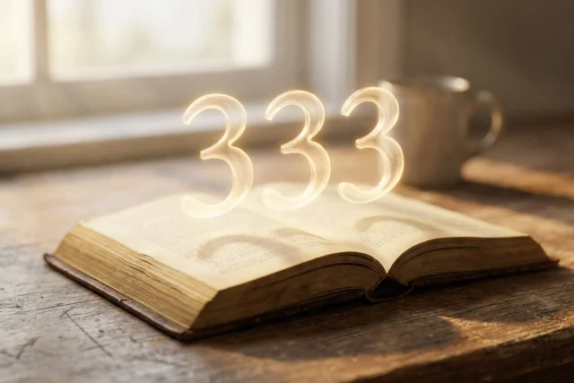 A glowing, ethereal number 333 floating above an open antique book on a wooden desk, softly illuminated by warm morning